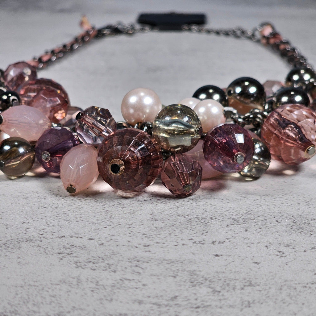 Vintage Pink Beaded Cluster Necklace with Ribbon Chain Detail