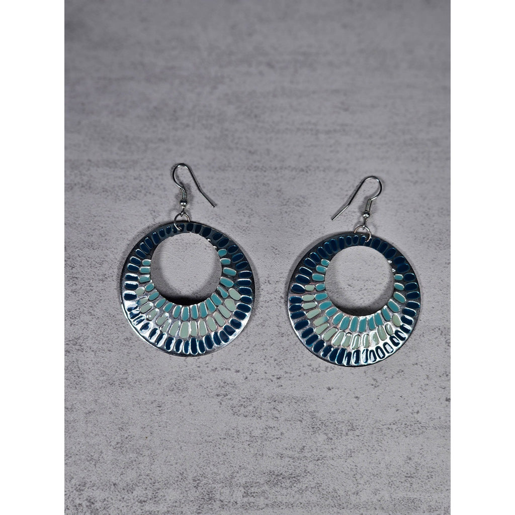 Vintage Blue & Silver Tone Textured Hoop Dangle Earrings