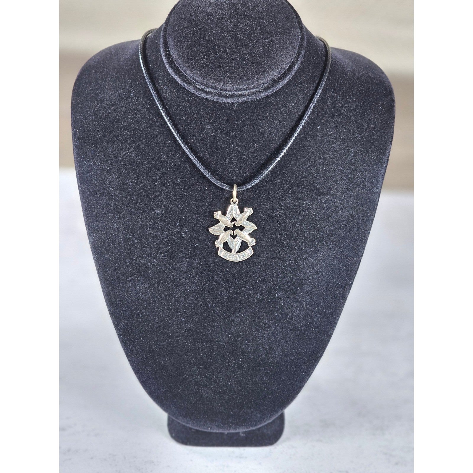 Vintage Peace Dove Necklace, Bird Charm on Black Cord