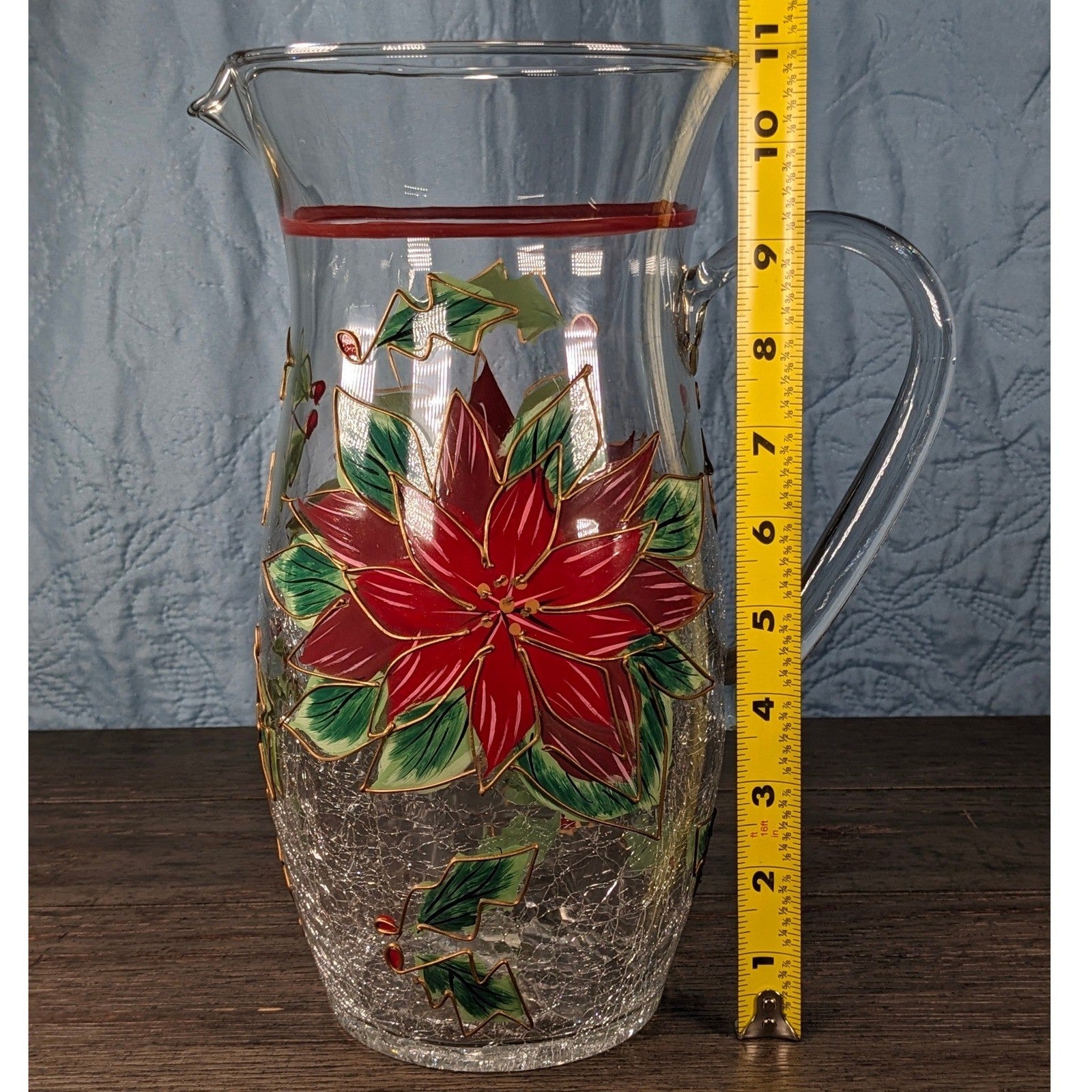 Vintage Poinsettia Glass Pitcher 72 oz Hand Painted Crackle Glass
