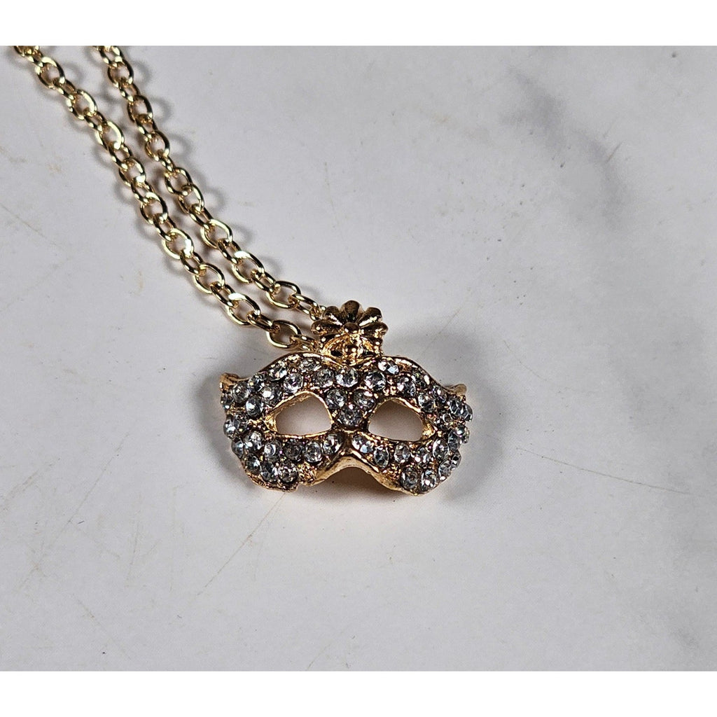 Gold Tone Rhinestone Mask Necklace Mardi Gras Pendant