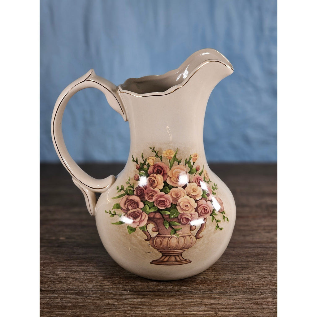 Vintage Belk Floral Ceramic Pitcher Rose Urn Design Cream Vase Handle
