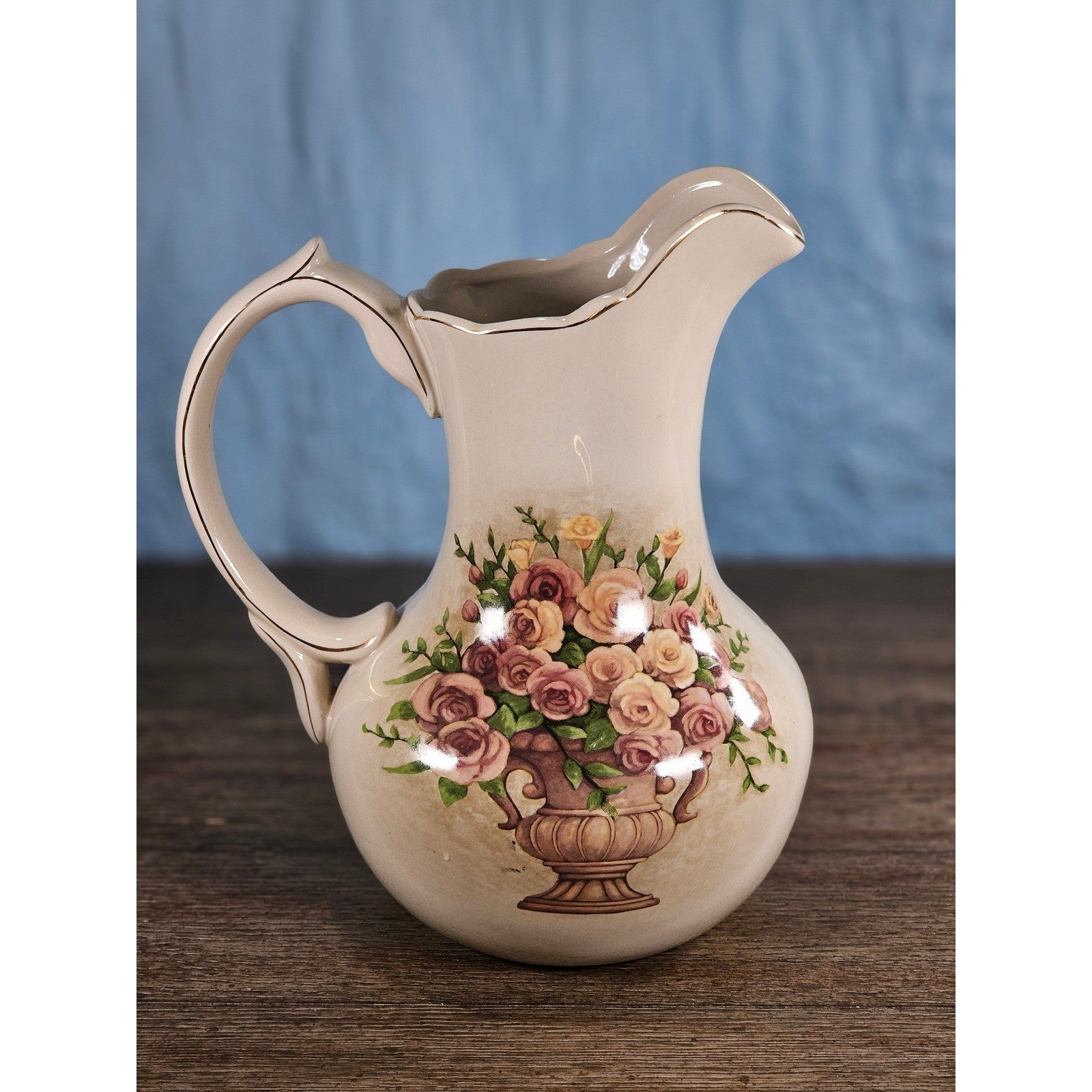 Vintage Belk Floral Ceramic Pitcher Rose Urn Design Cream Vase Handle