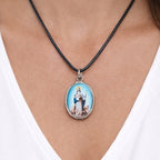 Vintage Religious Shepherd Pendant Aqua Blue Medallion