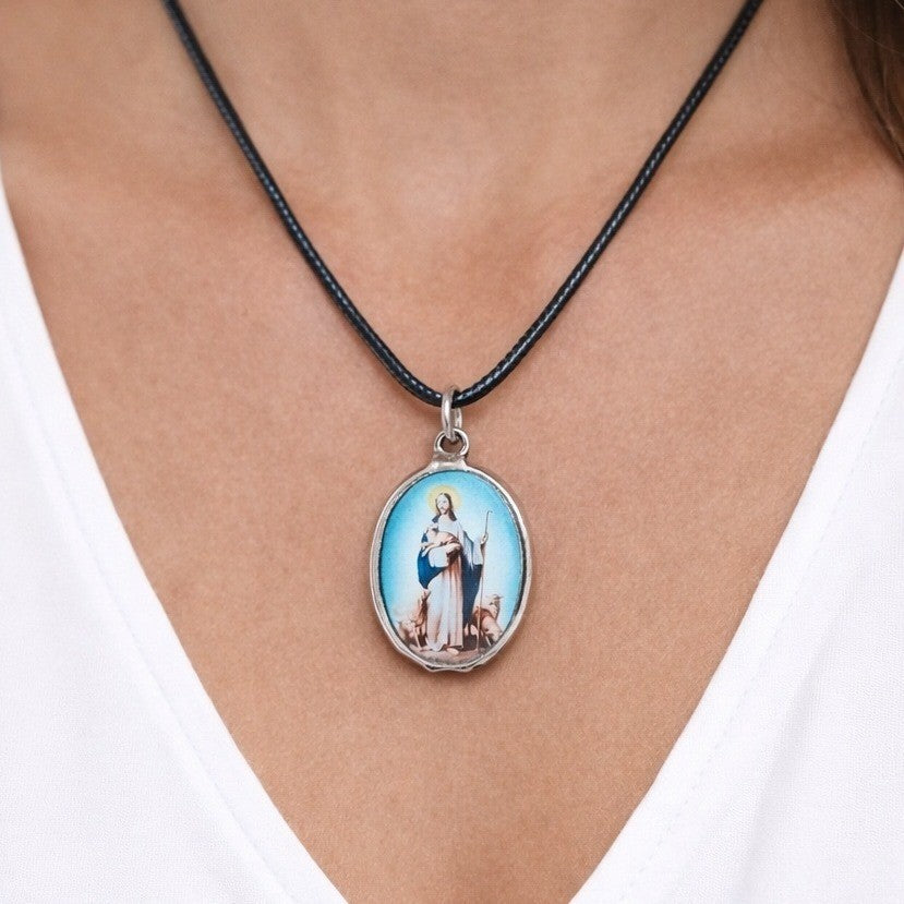 Vintage Religious Shepherd Pendant Aqua Blue Medallion