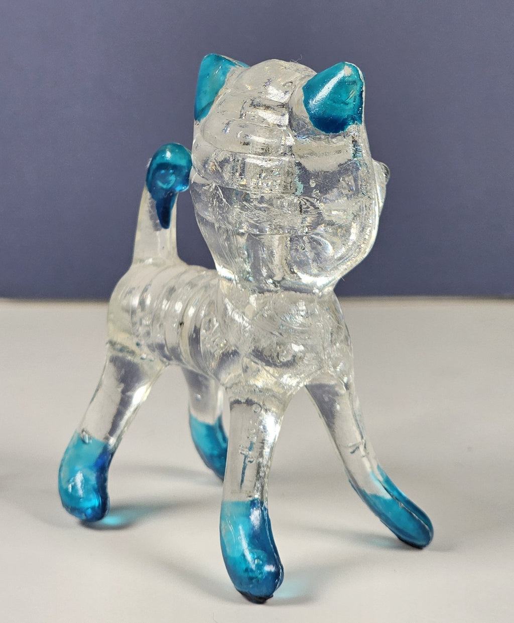 Vintage Collectible Clear Plastic Lucite Kitty Cat Figurine 1960s With Blue Acce