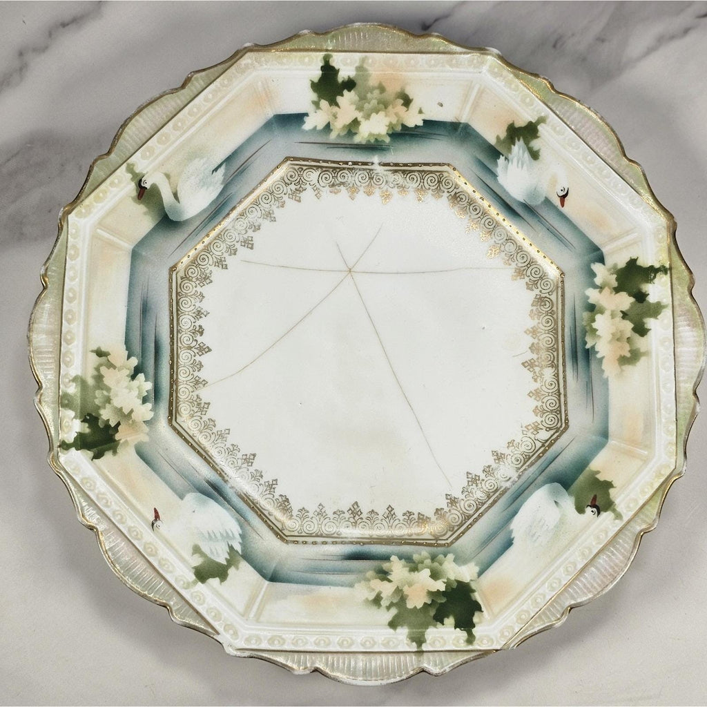 Vintage RS Prussia Octagonal Plate Hand Painted Swans Floral Germany READ