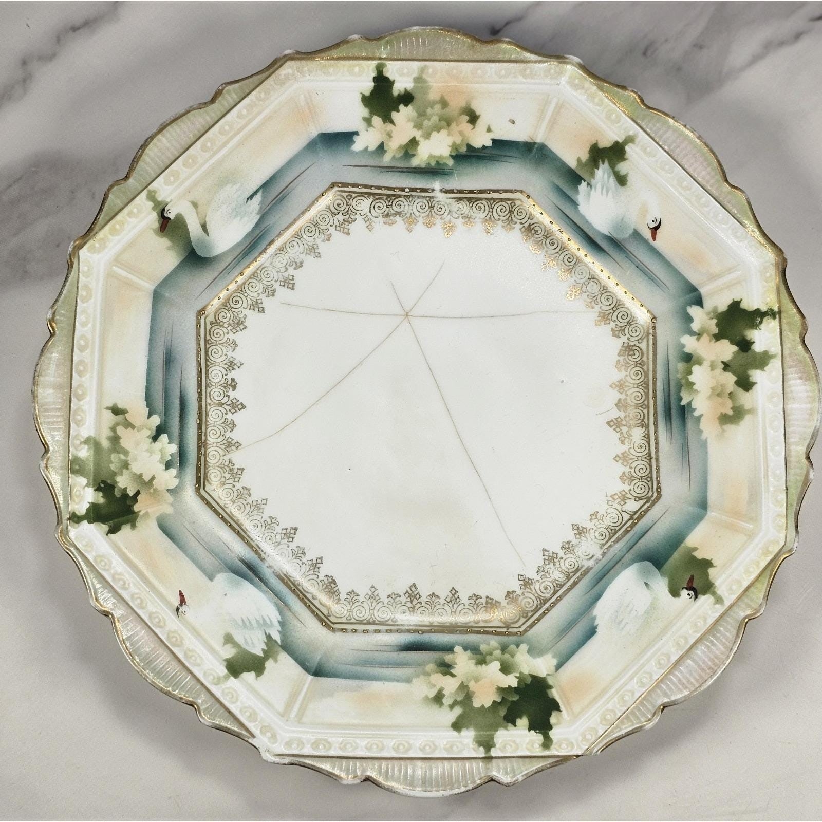 Vintage RS Prussia Octagonal Plate Hand Painted Swans Floral Germany READ