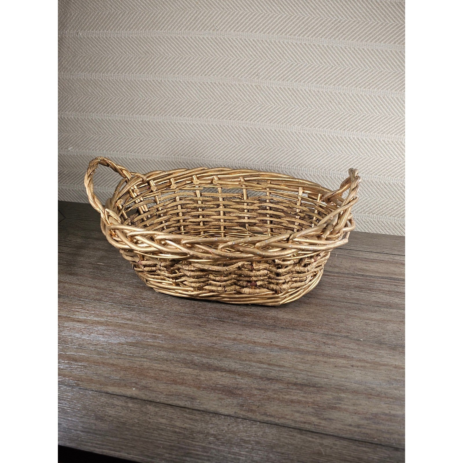 Vintage Gold Glitter Wicker Basket with Handles | Rustic Cottage Decor