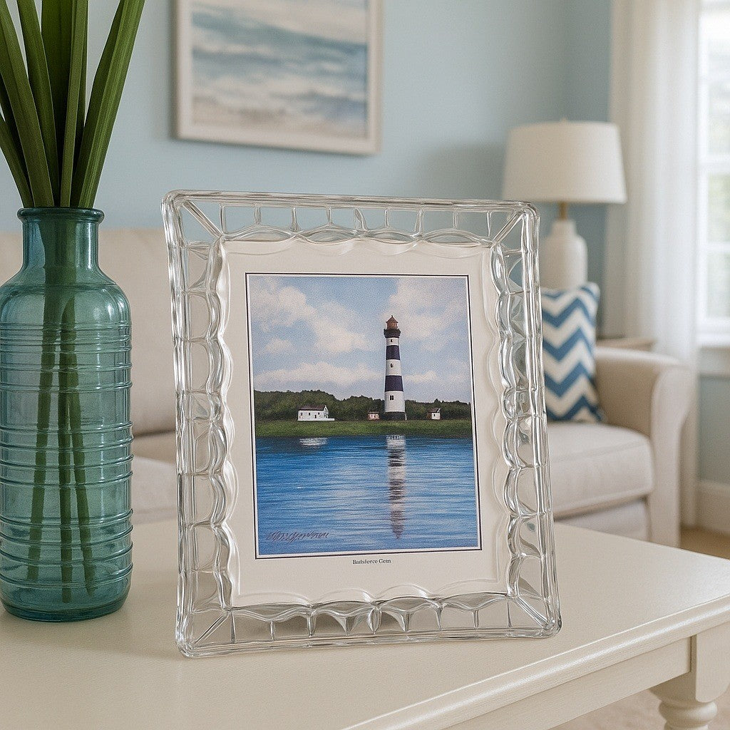 Vintage Heavy Glass Picture Frame with Bodie Island Lighthouse Art 12"x10"