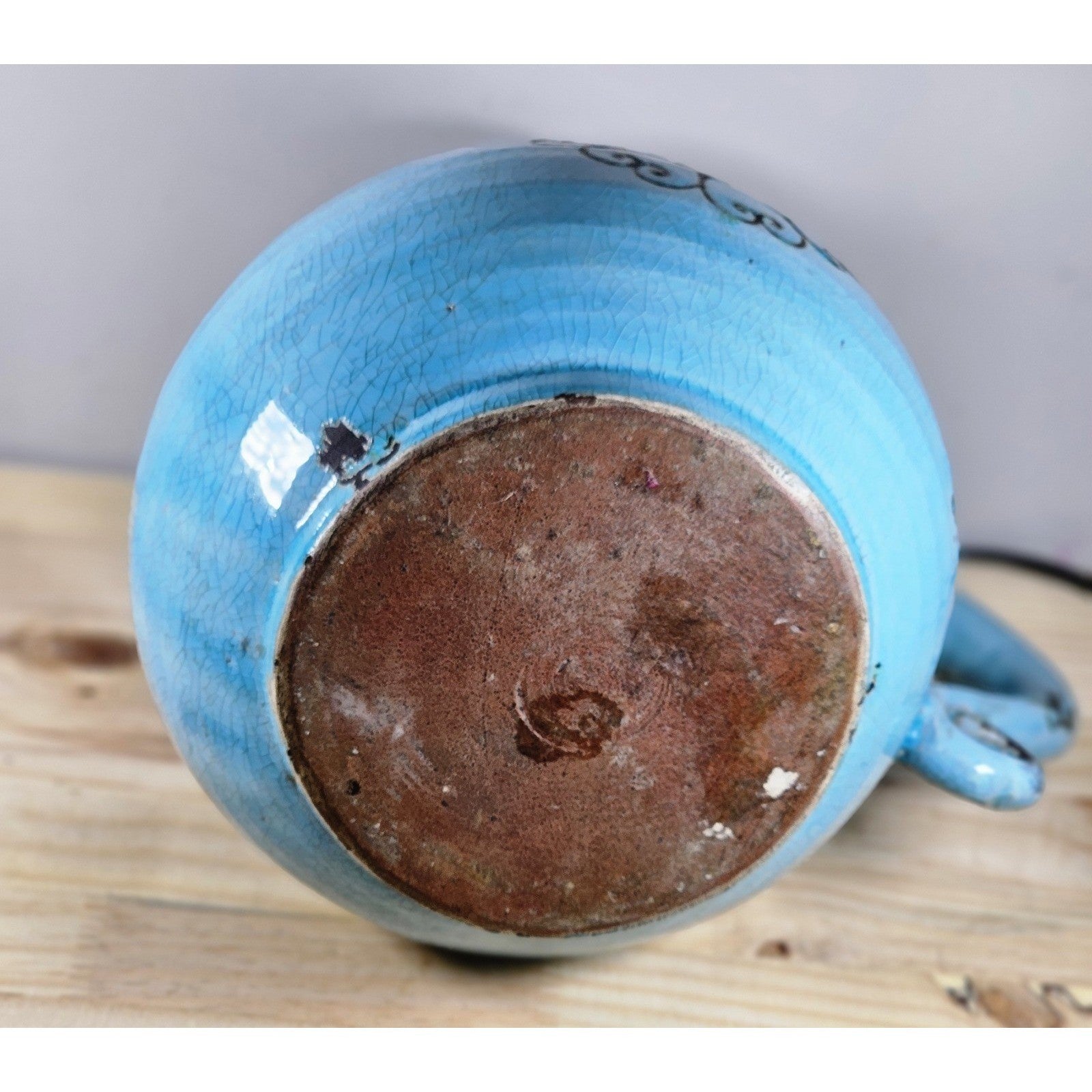 Vintage Blue Pottery Pitcher Heart Motif Floral Rustic Farmhouse Decor