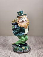 Saint Patricks Day Ceramic Leprechaun Figurine Holding Pot Of Gold Glittered