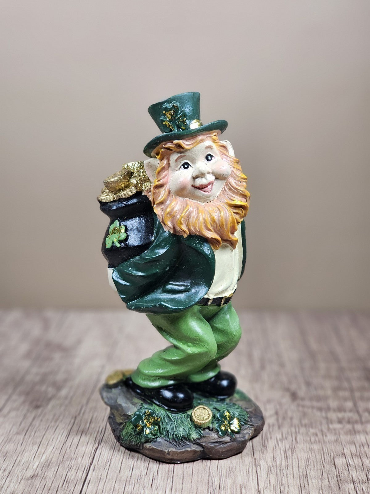 Saint Patricks Day Ceramic Leprechaun Figurine Holding Pot Of Gold Glittered