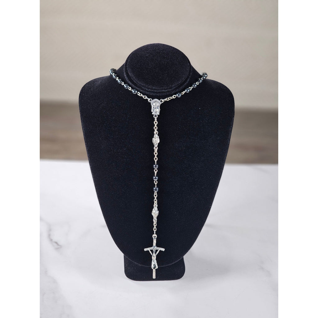 Vintage Black Bead Rosary Necklace Silver Tone Crucifix Catholic