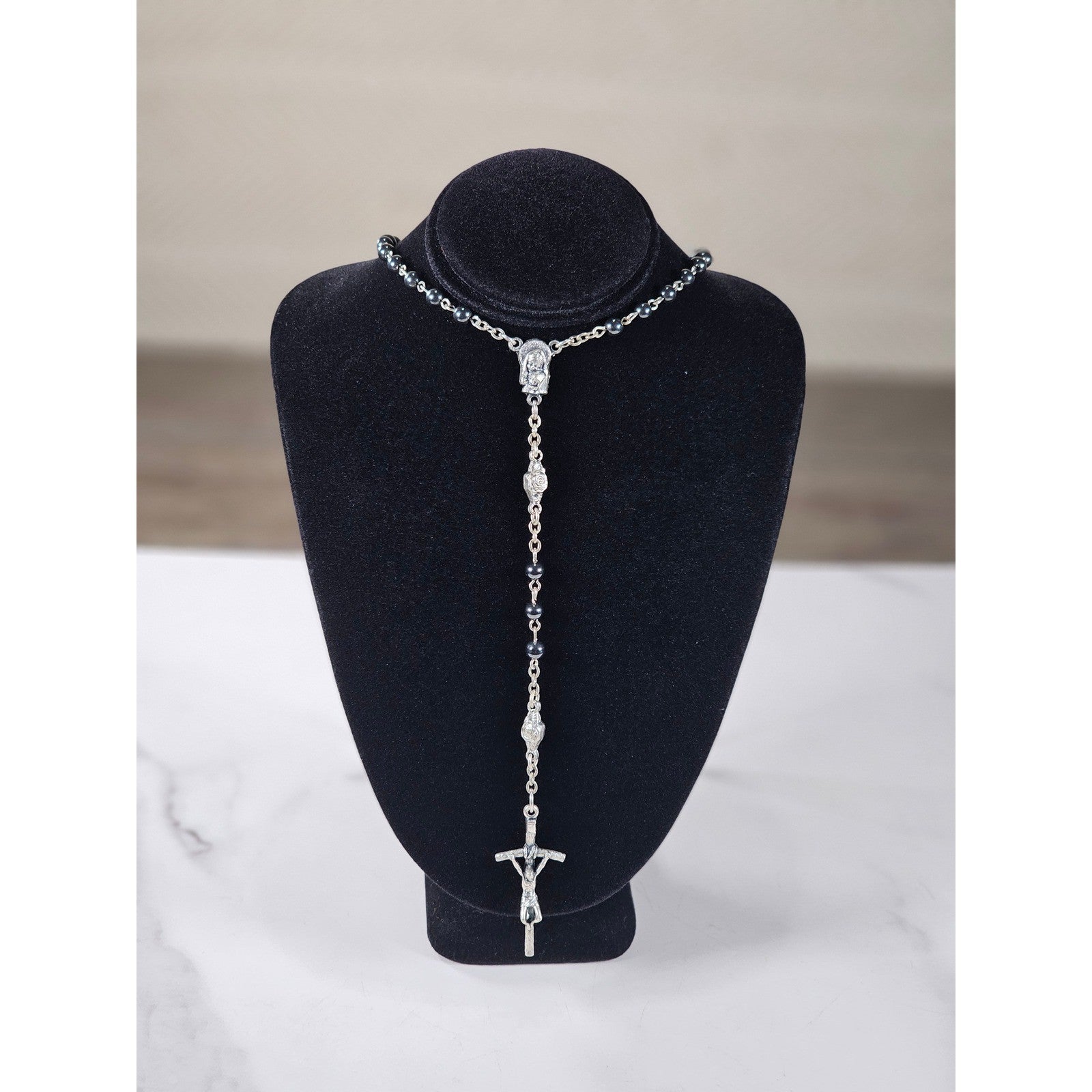 Vintage Black Bead Rosary Necklace Silver Tone Crucifix Catholic