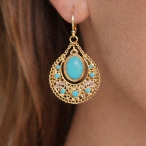 Vintage Gold Filigree Turquoise Drop Earrings Boho Statement