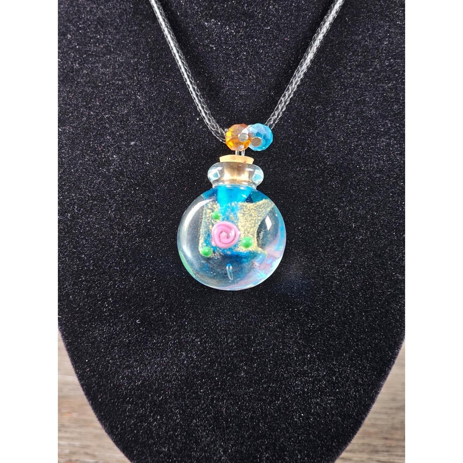 Glass Vial Pendant Necklace with Cork Stopper on Black Cord