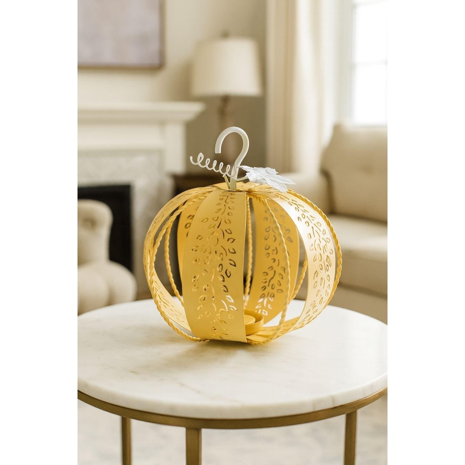 Vintage Metal Pumpkin Candle Holder Yellow Autumn Fall Decor