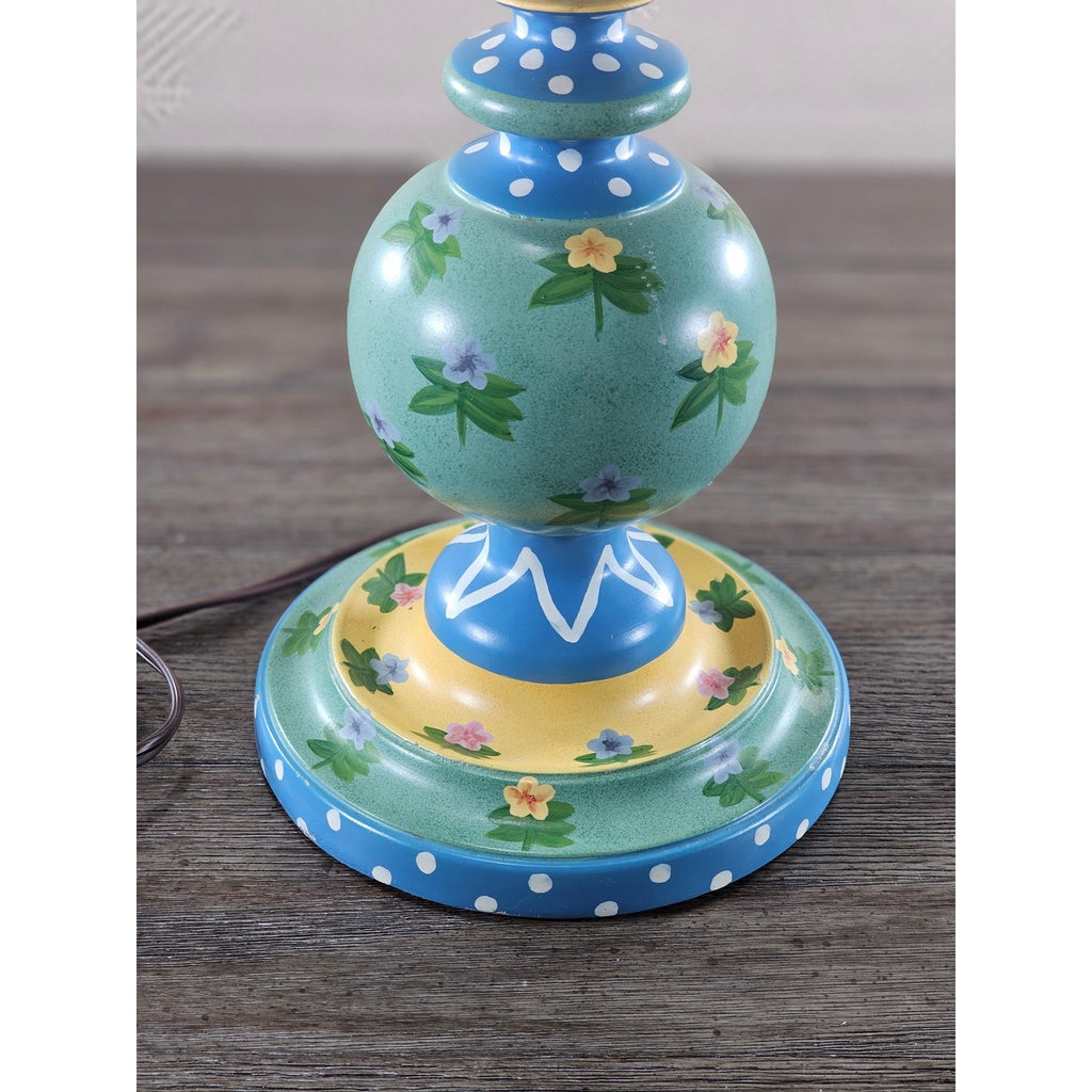 Vintage Hand Painted Wood Table Lamp Floral Blue Yellow Polka Dot