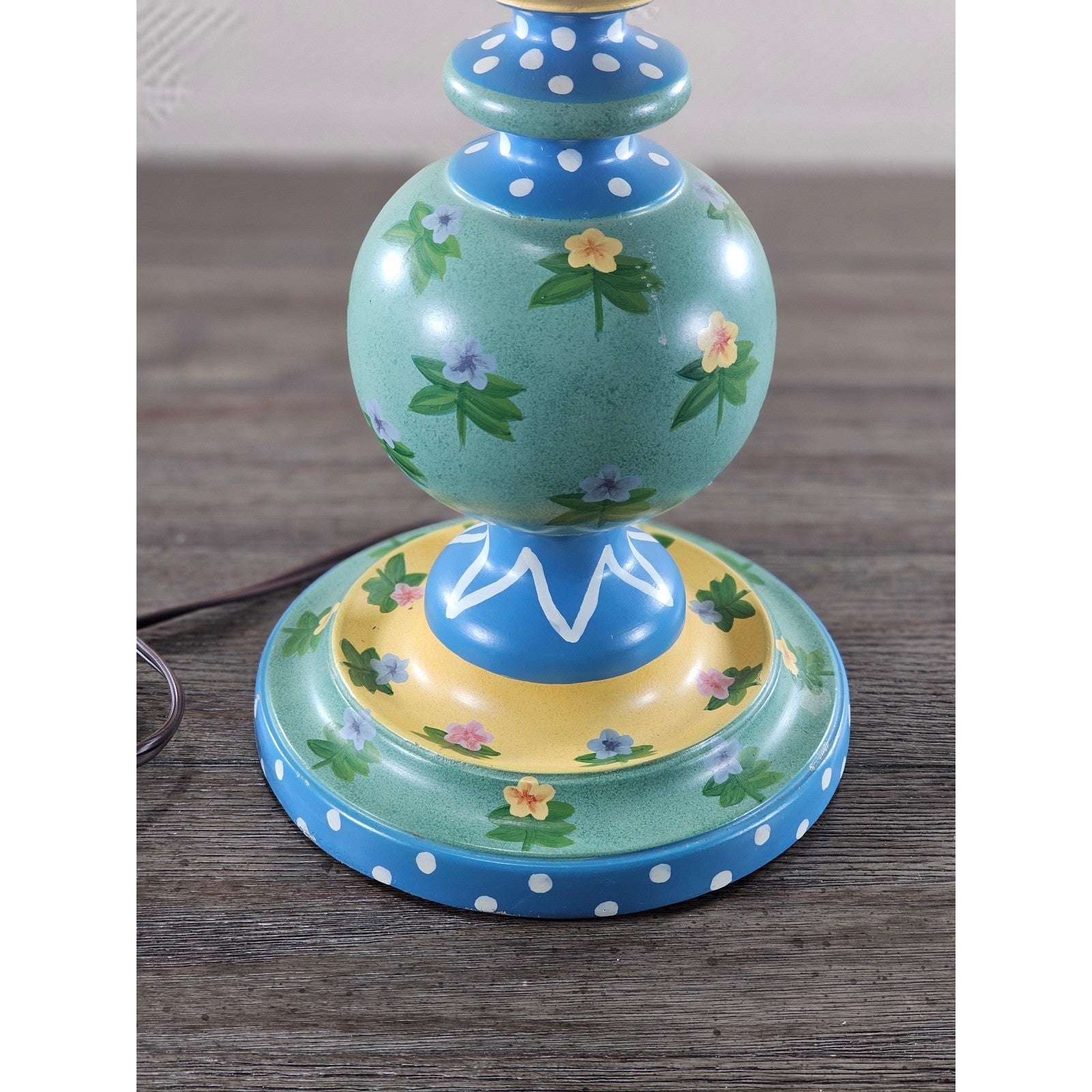 Vintage Hand Painted Wood Table Lamp Floral Blue Yellow Polka Dot