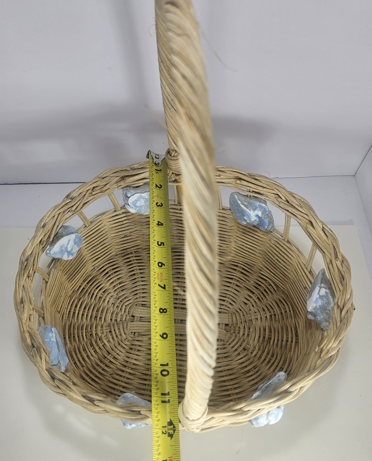 Vintage Wicker Basket with Blue Painted Conch Shells 13″ x 15″ Coastal Rustic