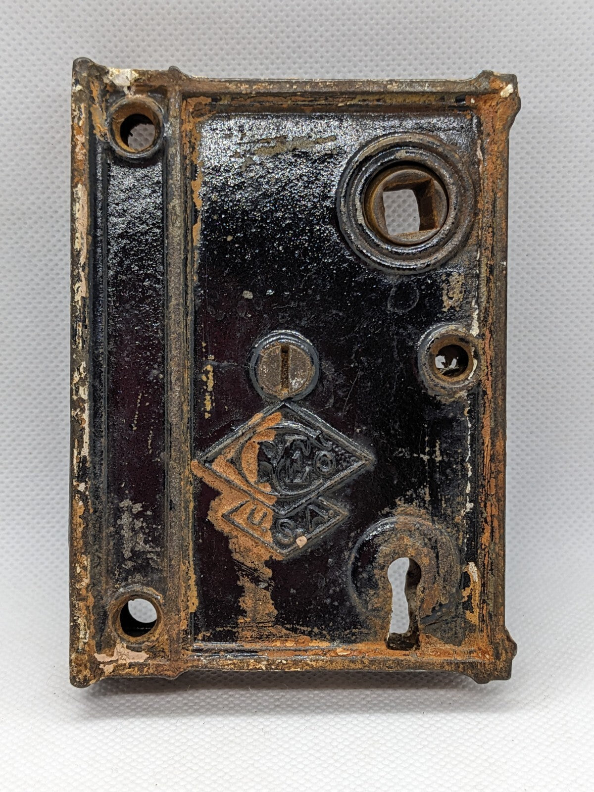 Antique Pye Co Cast-Iron Rim Lock with Aged Patina 4"x3"x0.5"