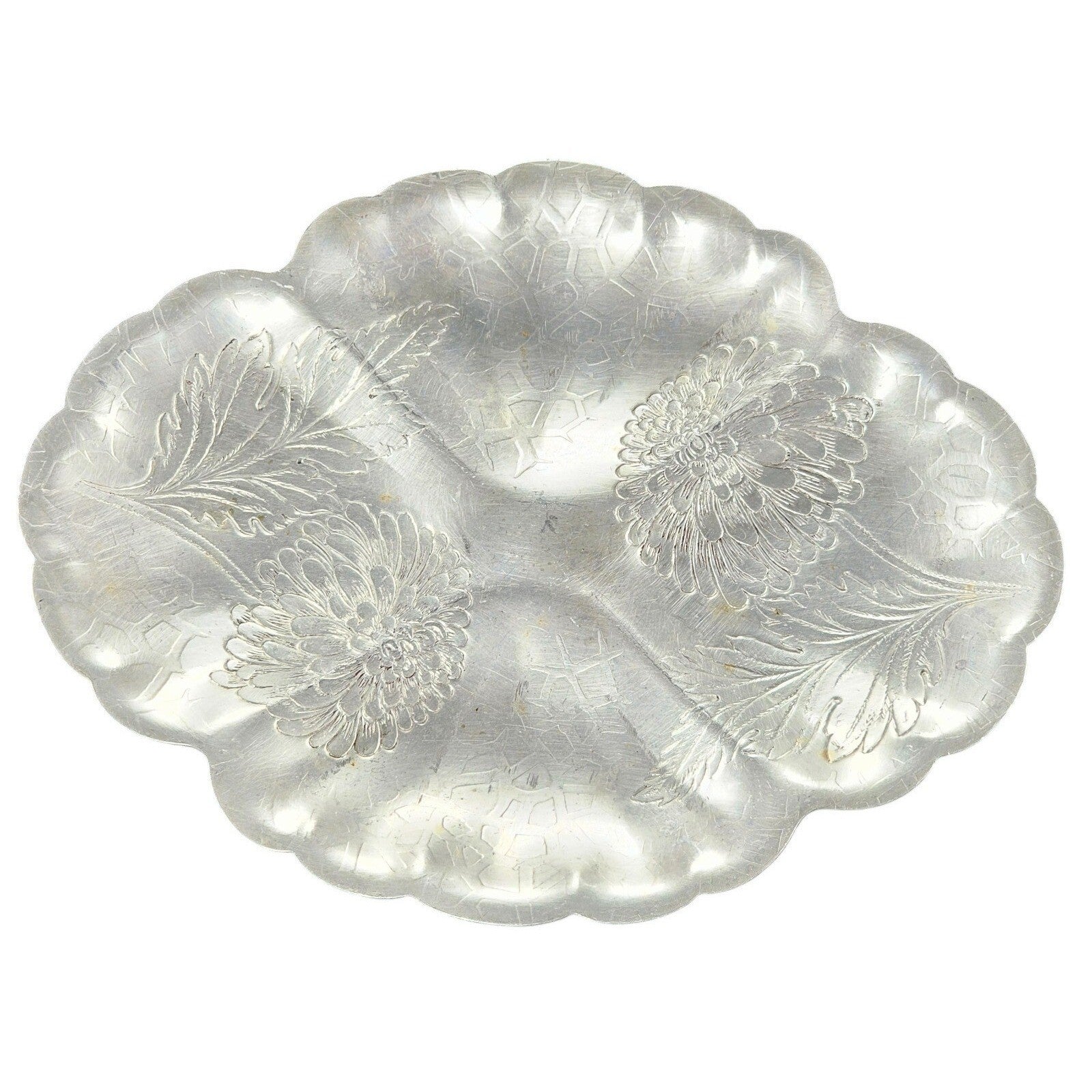 Vintage Etched Aluminum Oval Sectioned Tray By Forman For Family 9.5" Floral Des