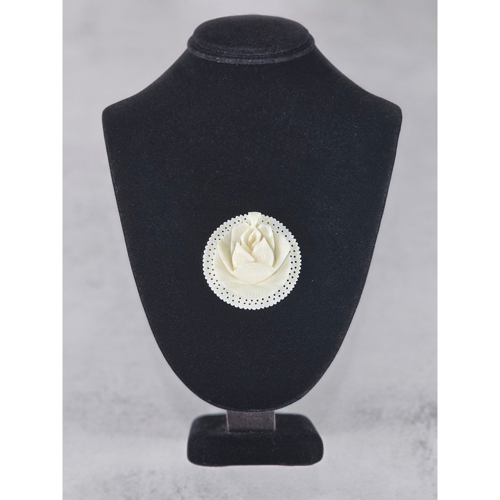 Vintage Carved Rose Pendant Round Floral Medallion Ivory Tone