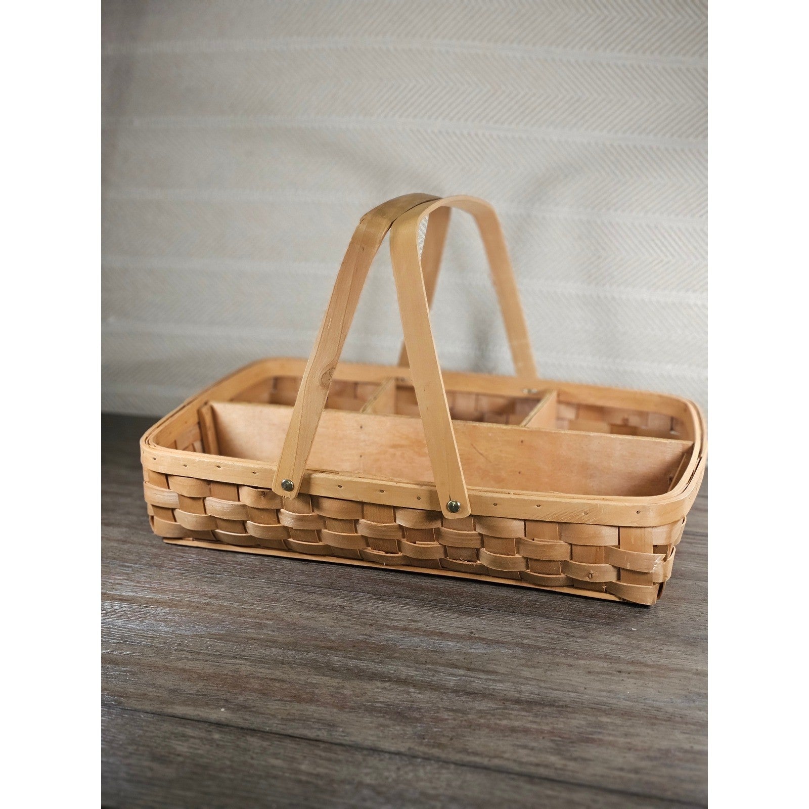 Vintage Wood Splint Divided Basket with Handle, Rustic Farmhouse Organizer