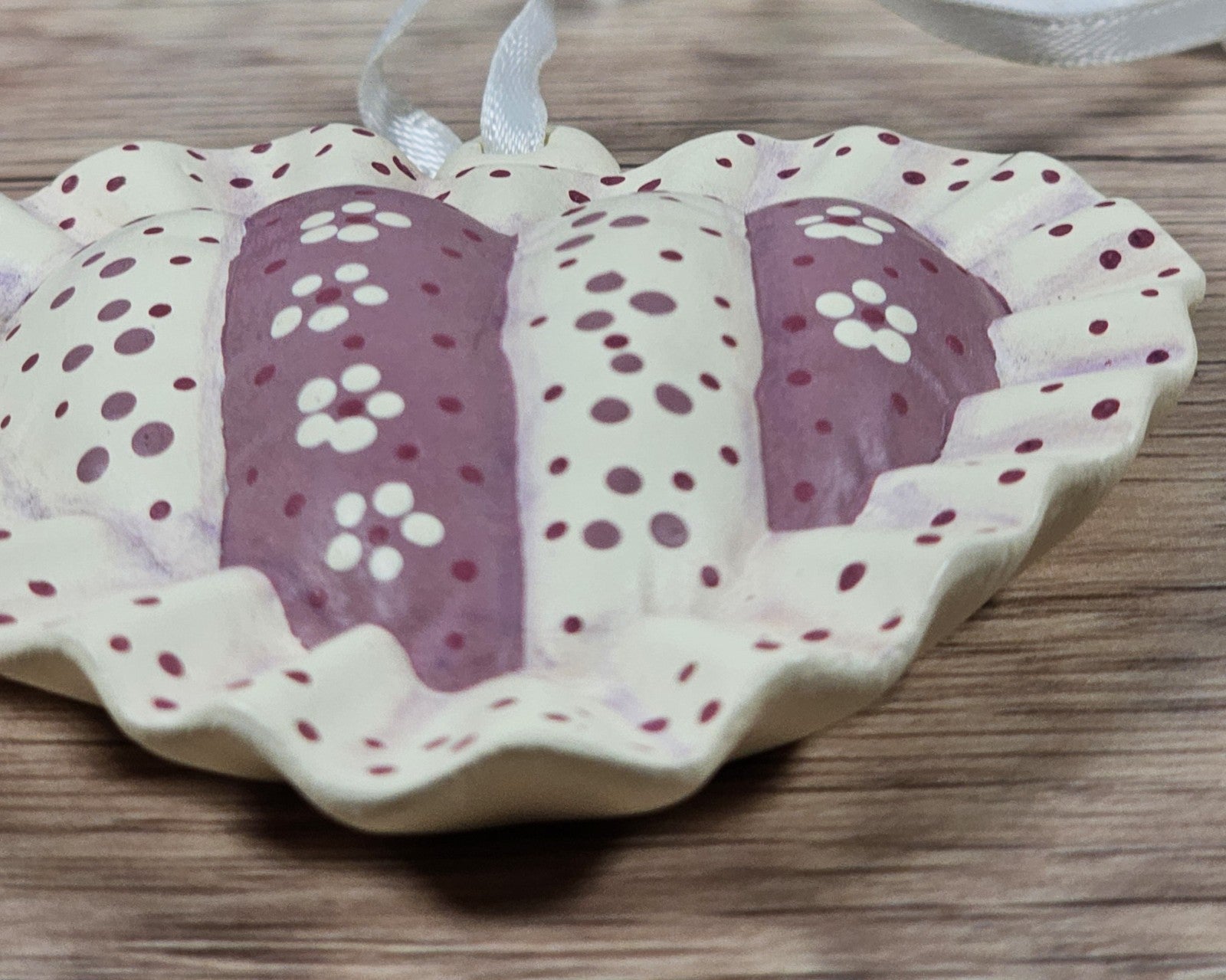 Vintage 1987 Heart-Shaped Ceramic Ornament 3" Pink & White Floral Design
