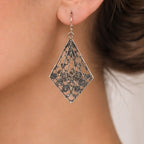 Vintage Filigree Dangle Earrings Diamond Floral Drop Brass Tone
