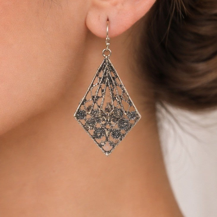 Vintage Filigree Dangle Earrings Diamond Floral Drop Brass Tone