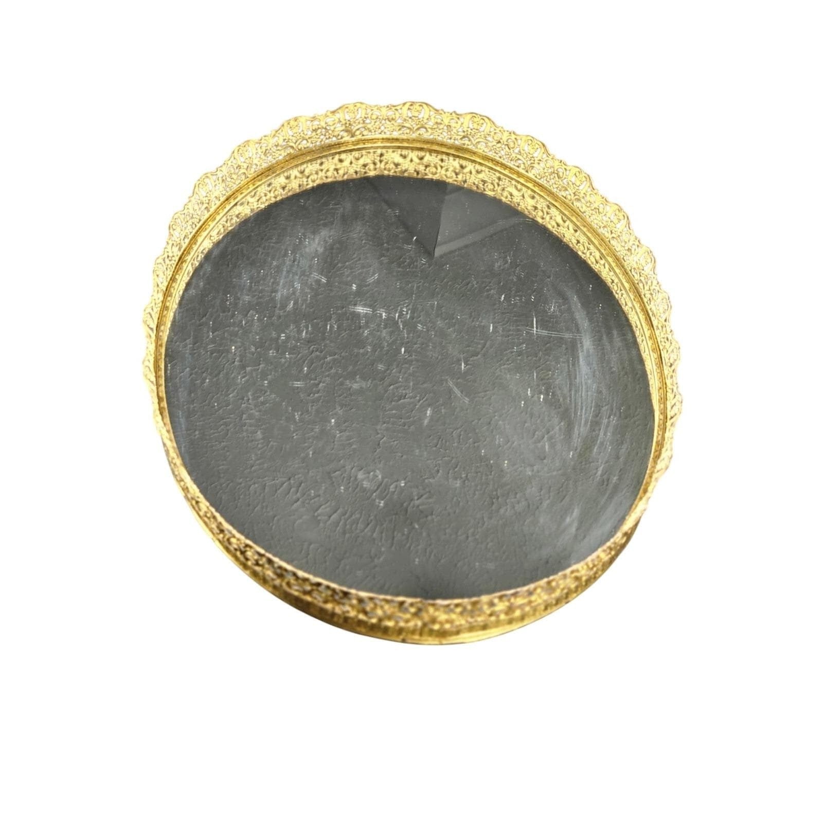 Vintage Gold Filigree Oval Vanity Mirror Tray Decorative Dresser Display