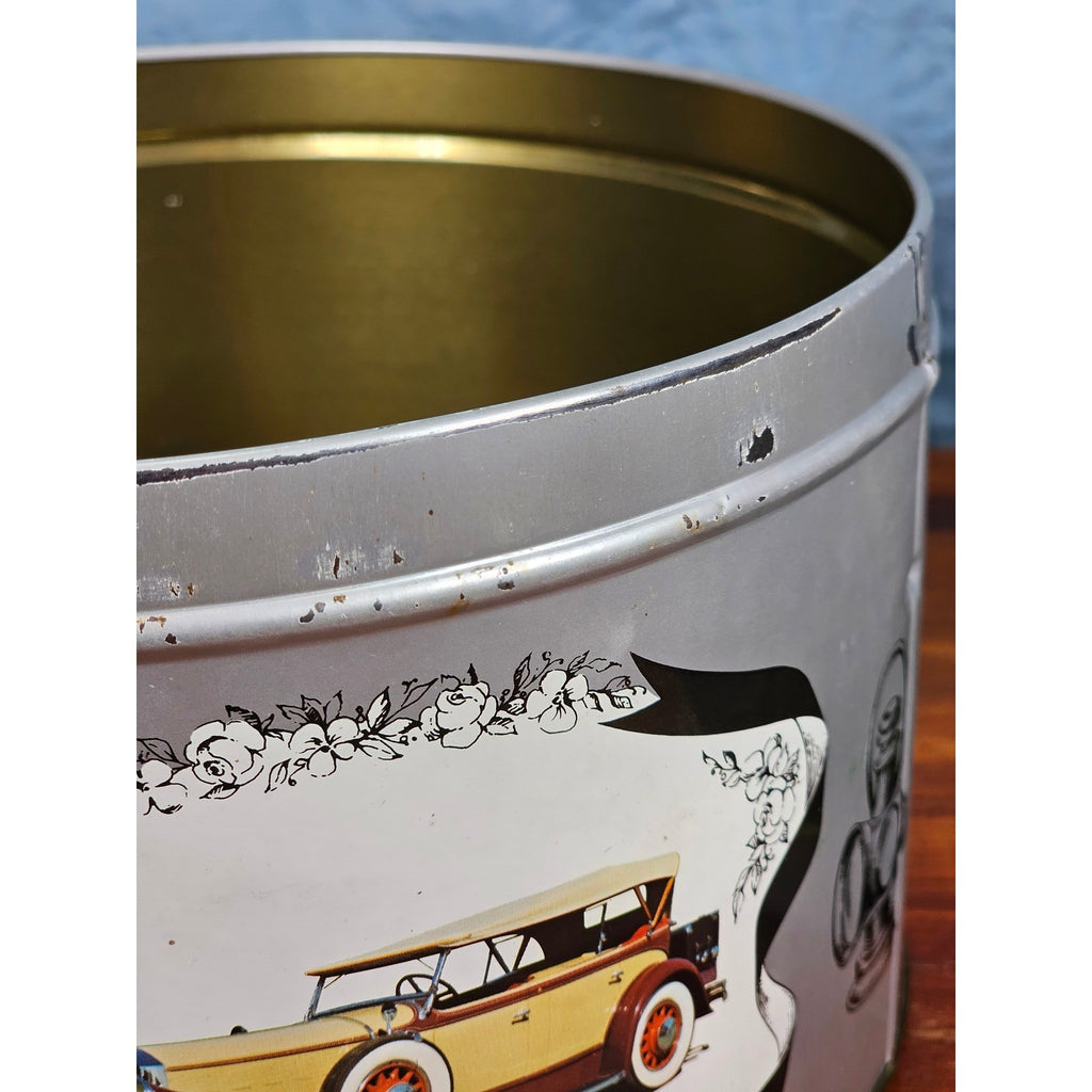 Vintage Classic Car Cookie Tin Empty Round Metal Motorcars from the Classic Era