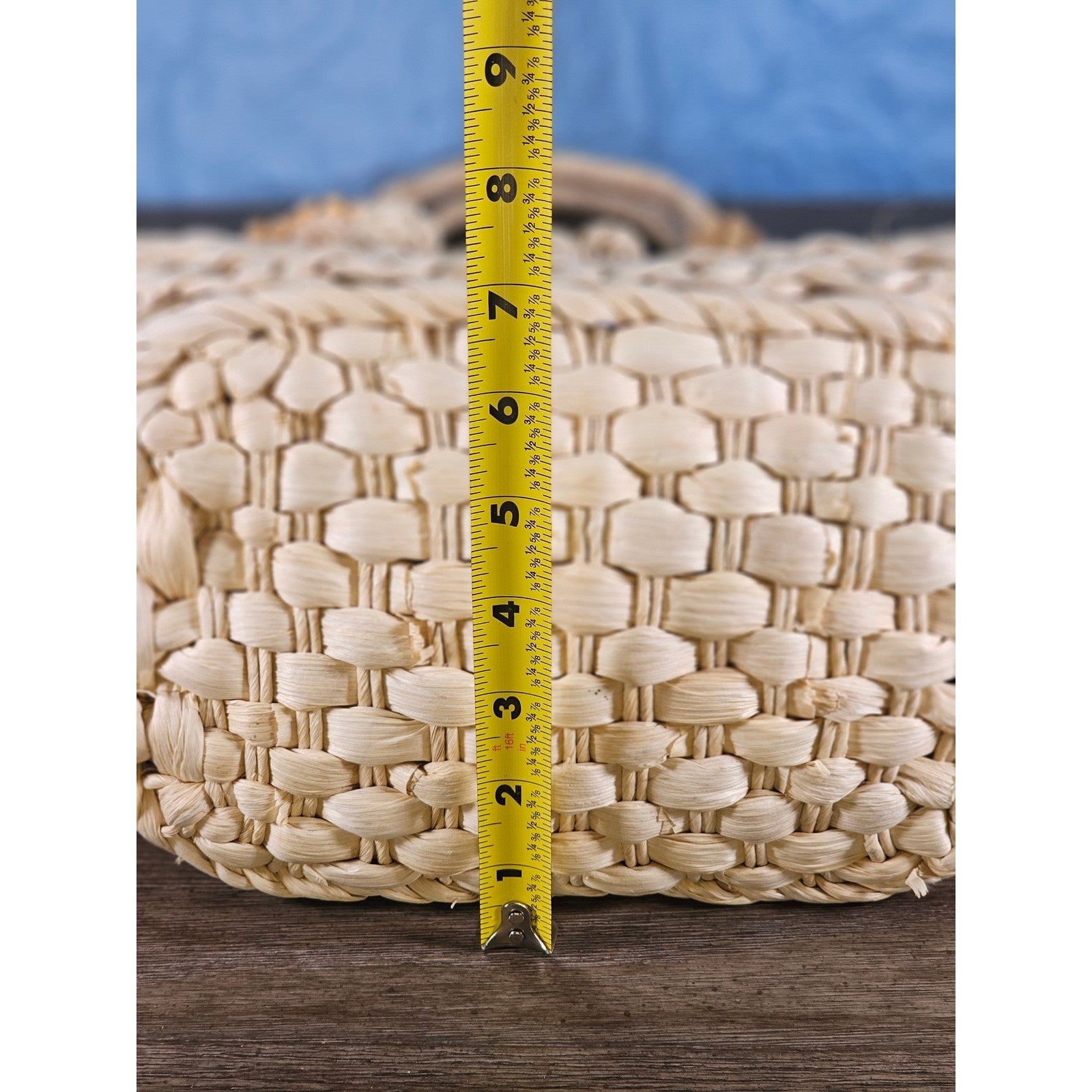 Vintage Woven Straw Tote Bag with Wooden Beads Boho Natural Purse