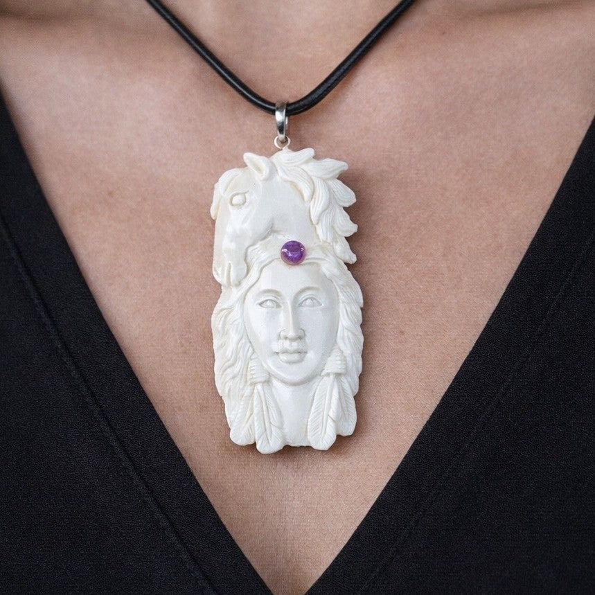 Carved Buffalo Bone Pendant Woman & Horse Motif 3x1 Inch Statement Necklace
