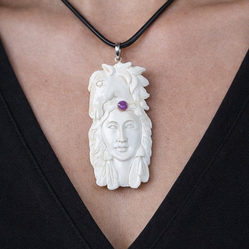 Carved Buffalo Bone Pendant Woman & Horse Motif 3x1 Inch Statement Necklace
