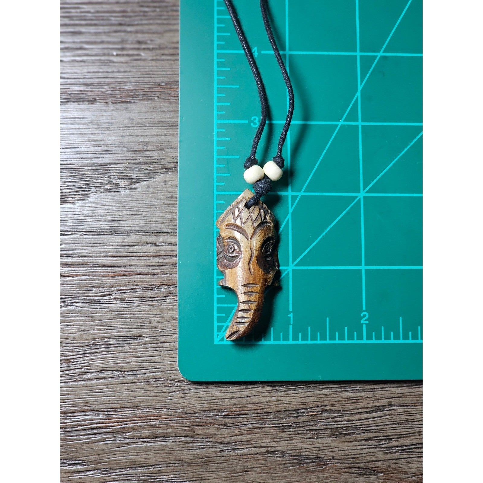 Vintage Hand Carved Tribal Mask Pendant Necklace Wood Beaded Cord