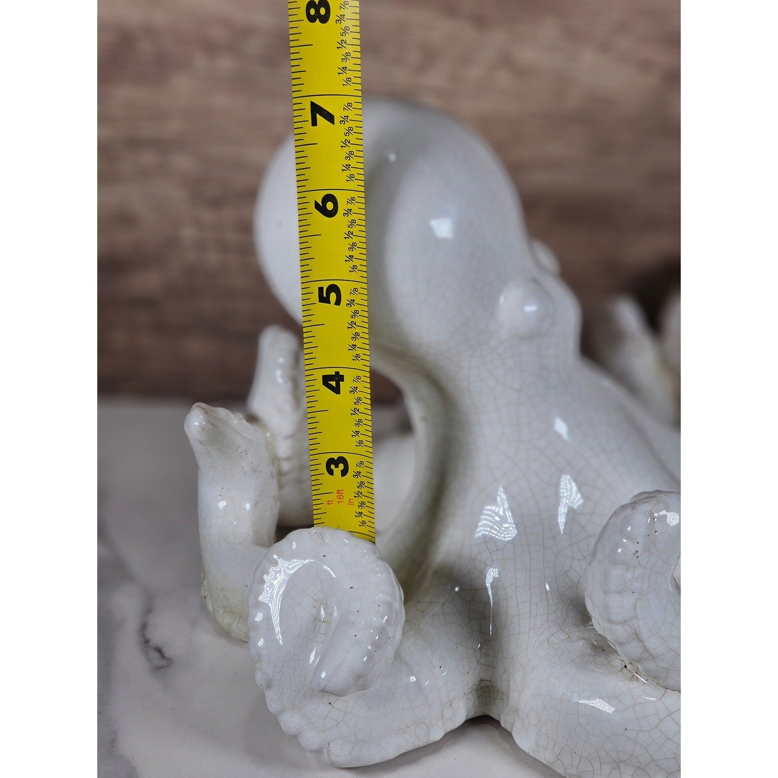 White Crackle Glaze Ceramic Octopus Figurine Nautical Coastal Home Decor Accent