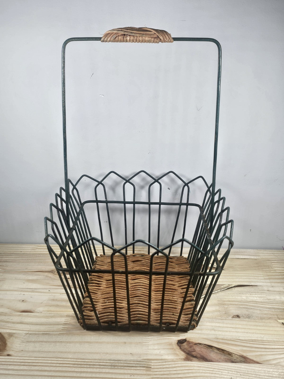 Black Metal + Rattan Basket 11.5″ × 9″ | Rustic Coastal Storage Basket