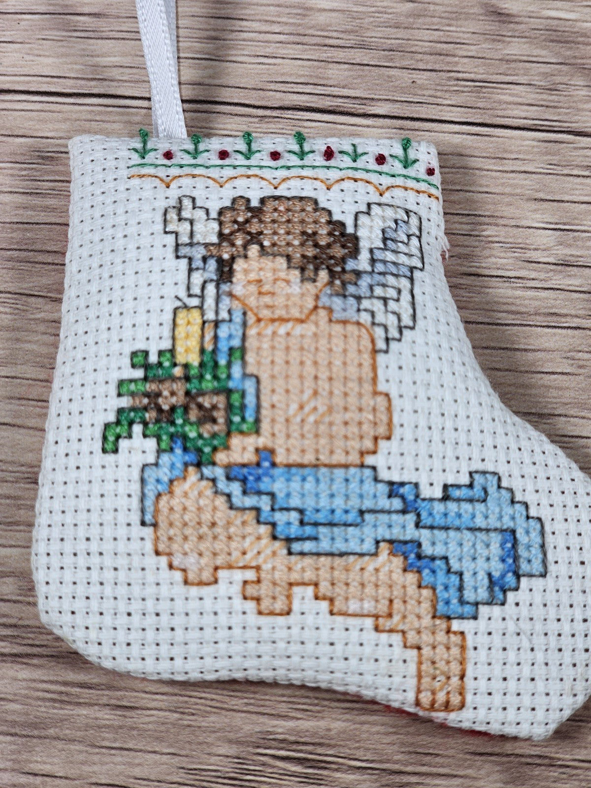 Vintage 3" Angel Embroidered Cross-Stitch Christmas Stocking Ornament