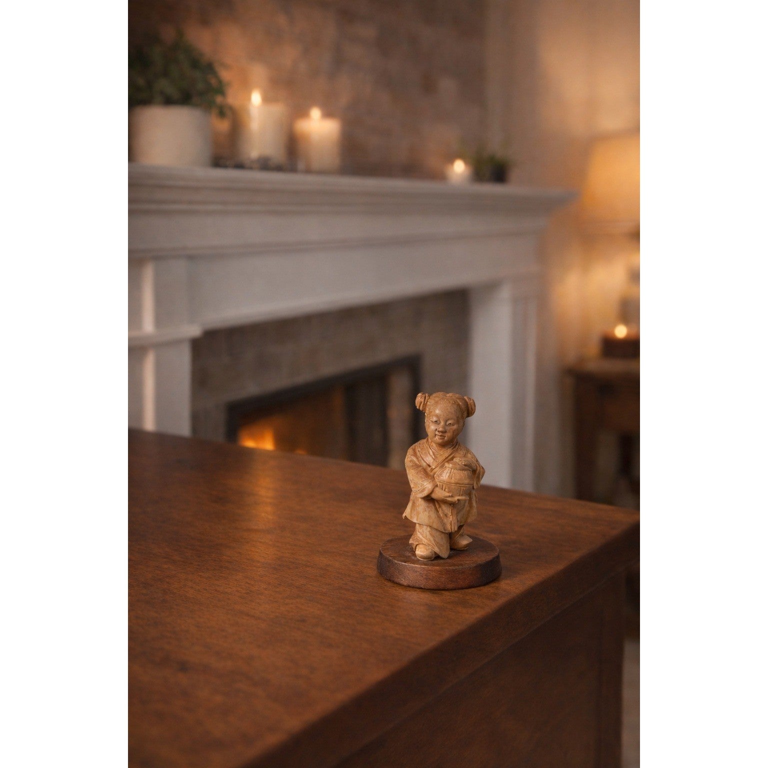 Vintage Asian Child Figurine Statue on Wood Base Aged Decorative Sculpture