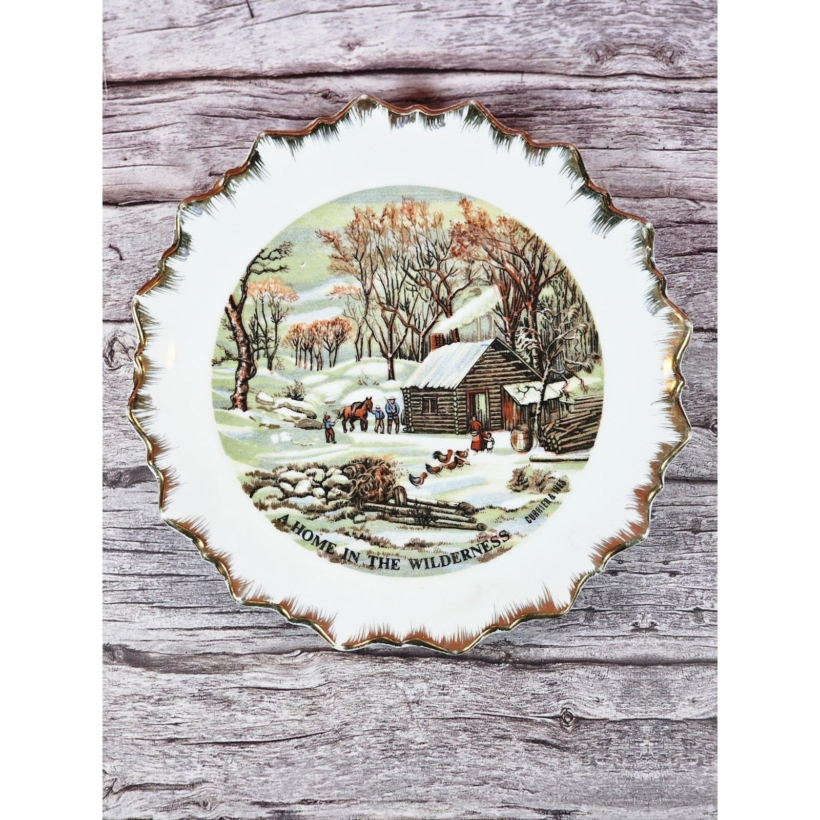 Vintage Currier & Ives "A Home in the Wilderness" Plate Gold Gilt 7"