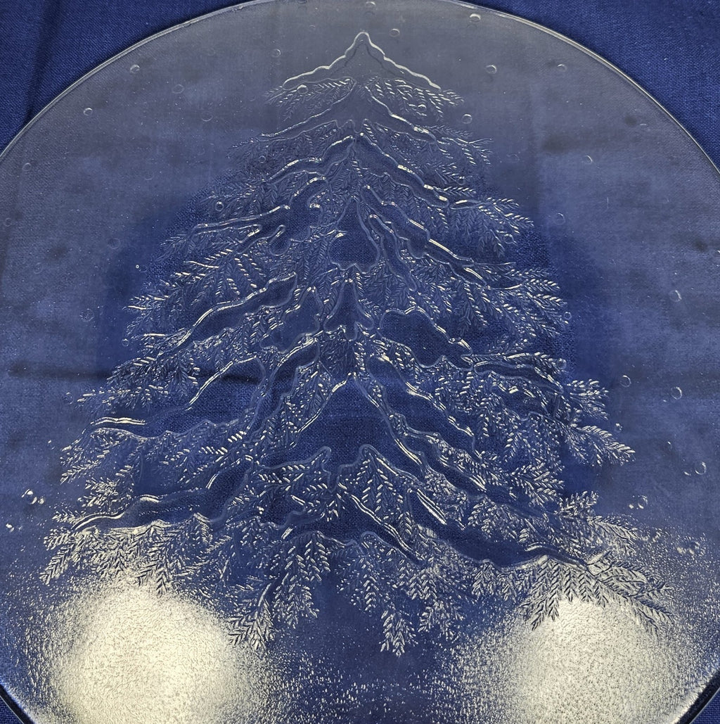 Crystal Serving Platter 12 3/4 With Etched Evergreen With Original Box