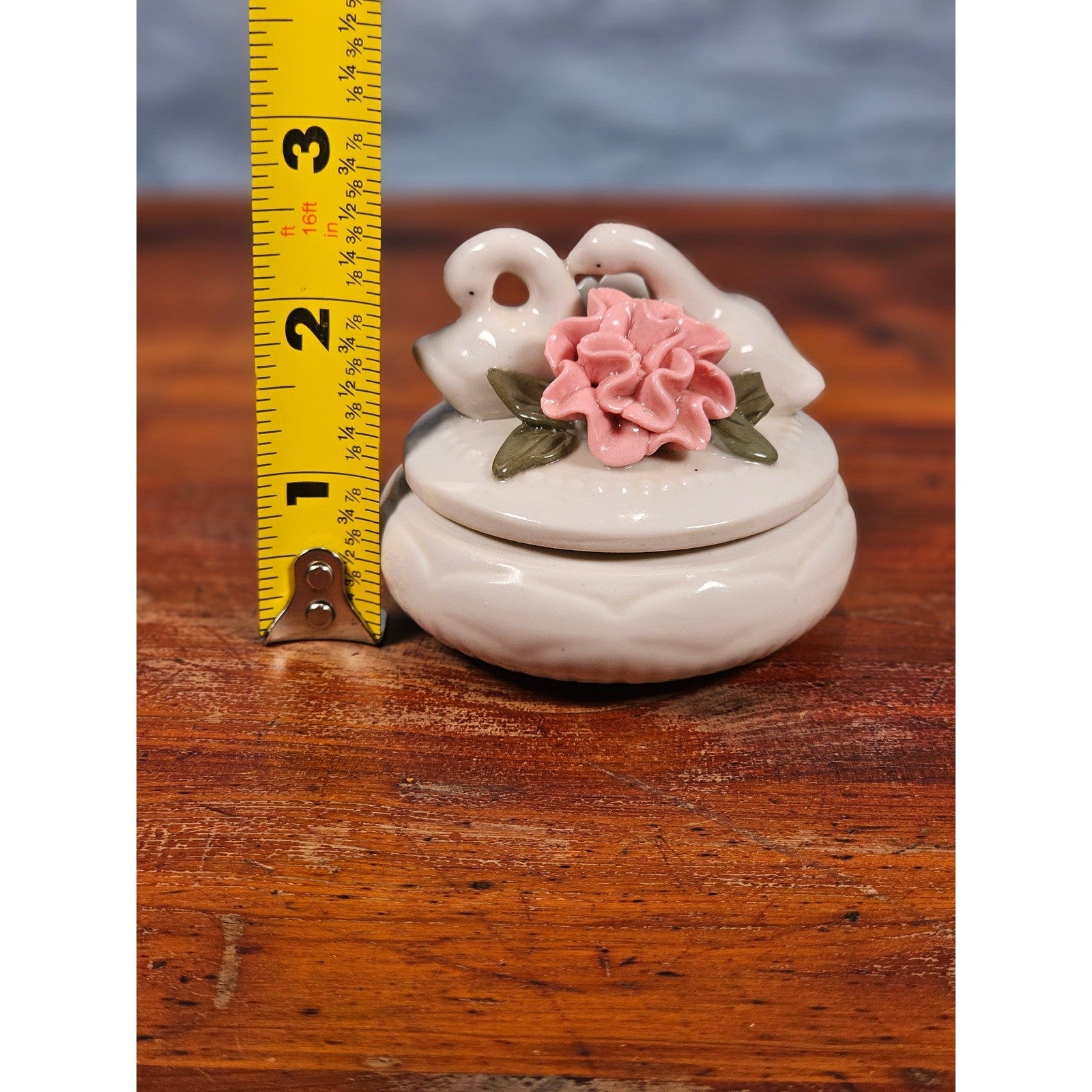 Vintage Ceramic Swan Trinket Box with Pink Rose | Romantic Jewelry Keepsake Box