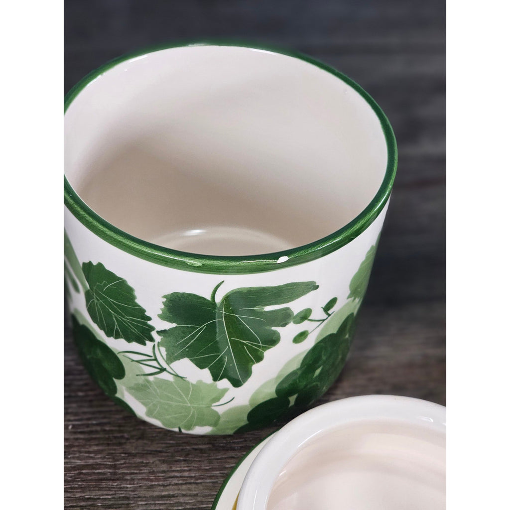 Vintage Grape Leaf Canisters with Lids – Set of 2 – Green Ceramic