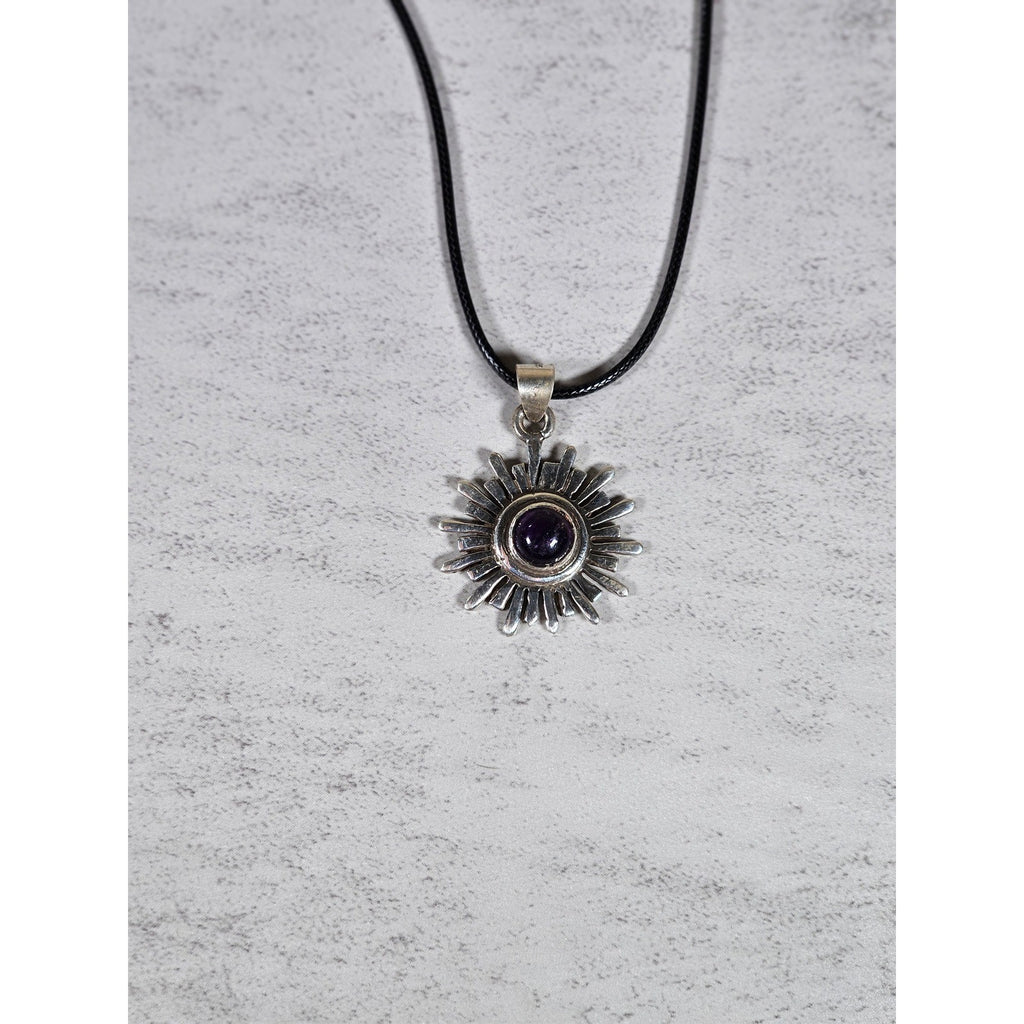 Vintage Sterling Silver Sunburst Amethyst Pendant Necklace