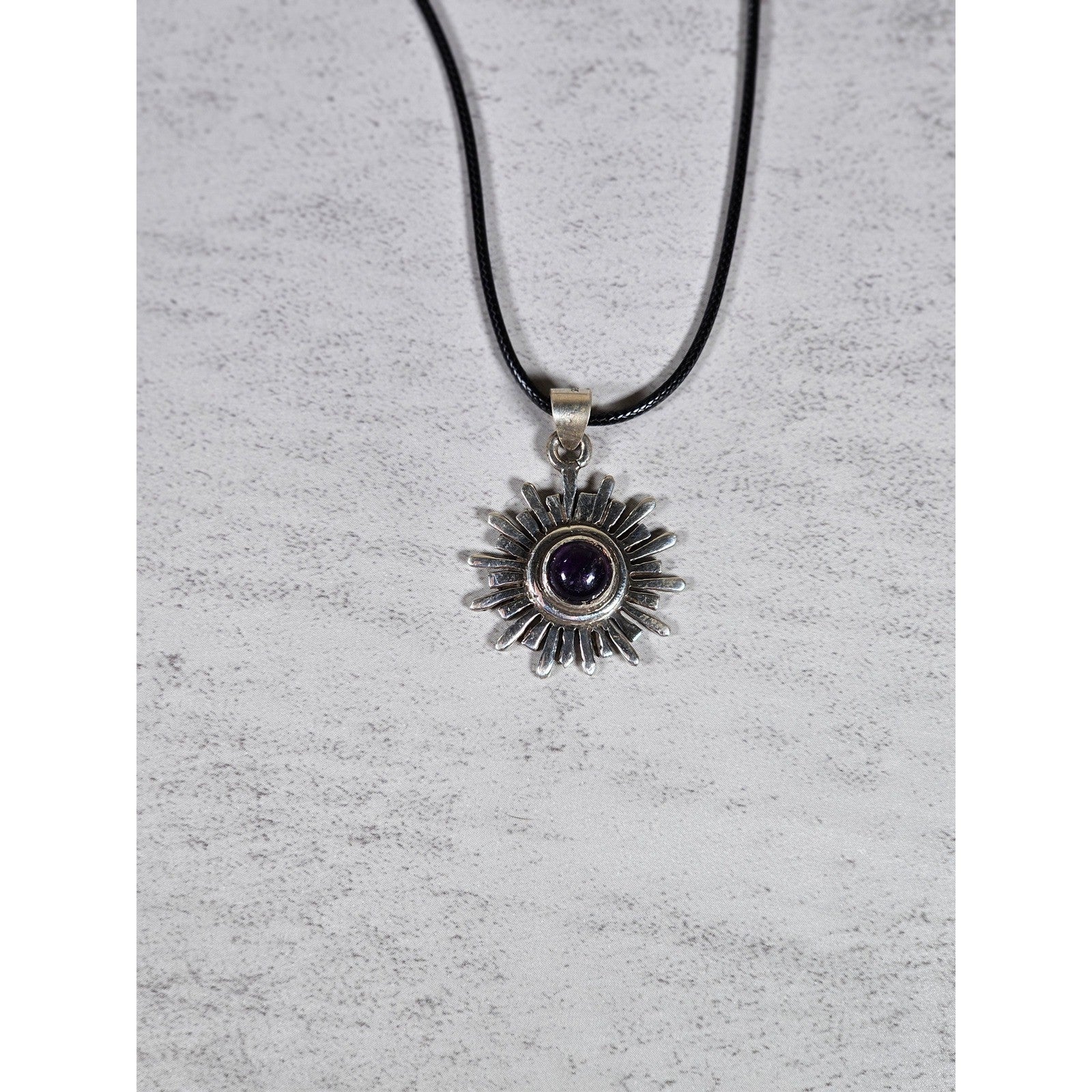 Vintage Sterling Silver Sunburst Amethyst Pendant Necklace