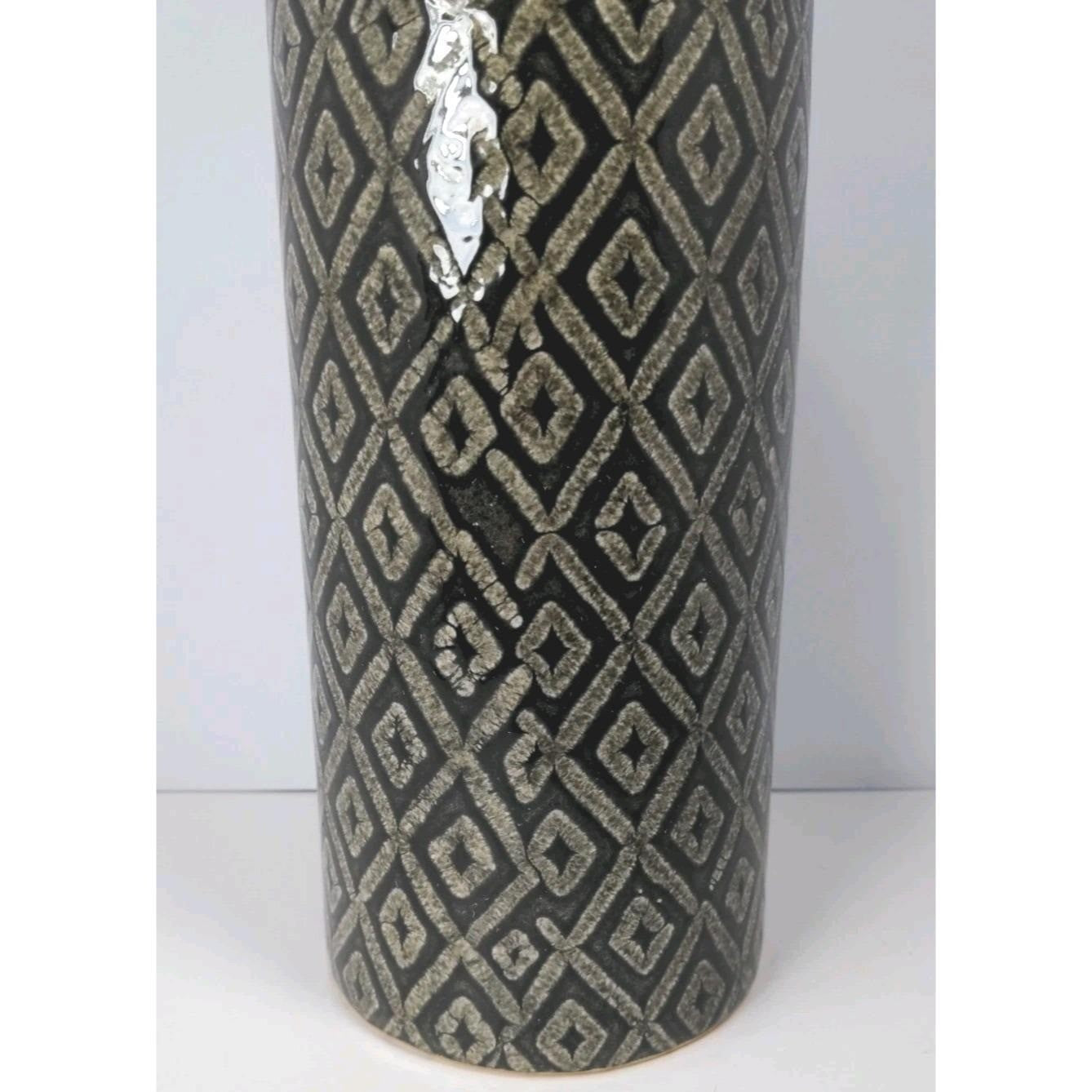 Vintage Black White Diamond Glass Vase Tall 15.6" Geometric Pattern