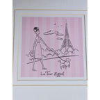 Vintage Paris Eiffel Tower Art Print Framed 13x13 French Poodle Illustration